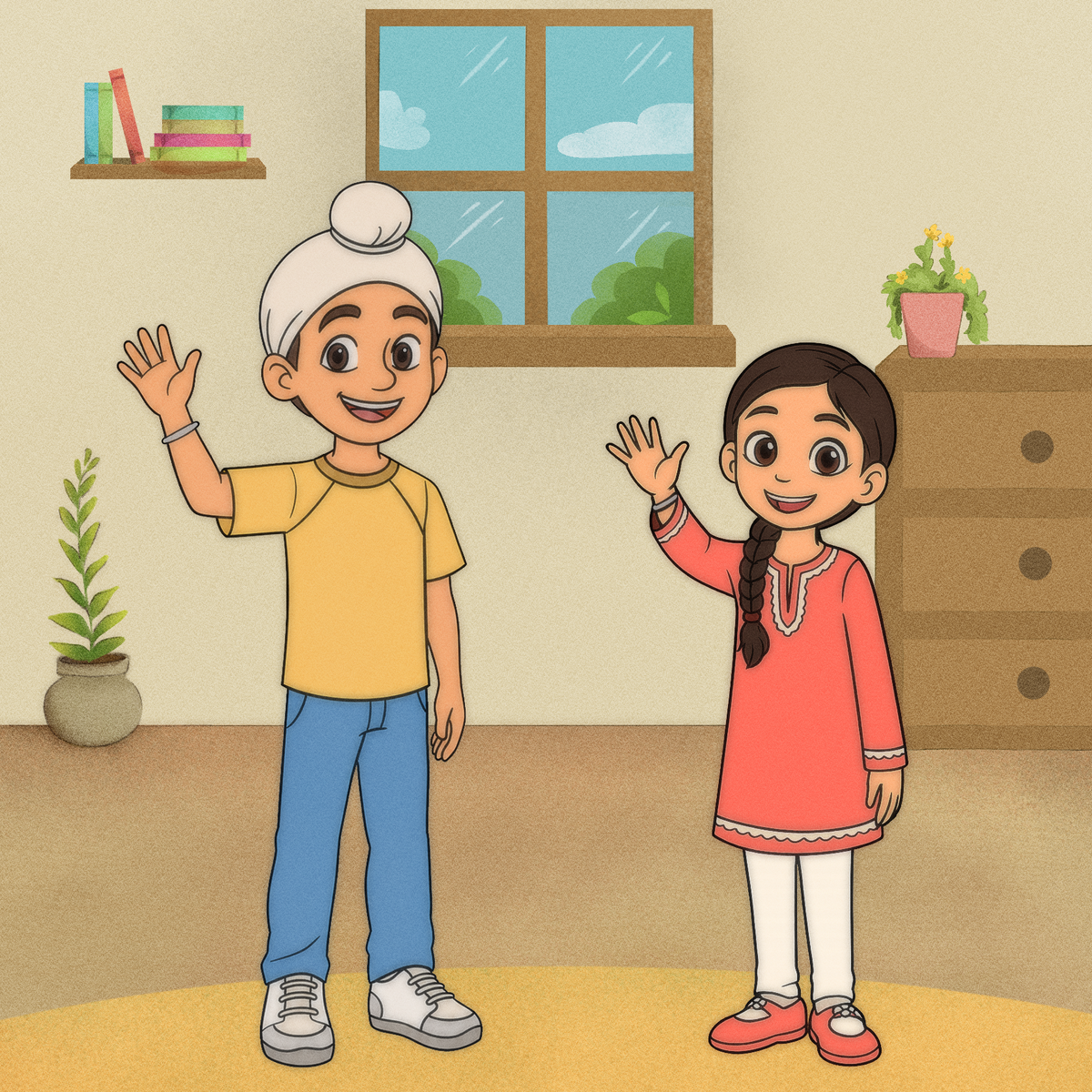 Image of two waving children named Nihaal Singh and Noor Kaur in a warm indoor room.